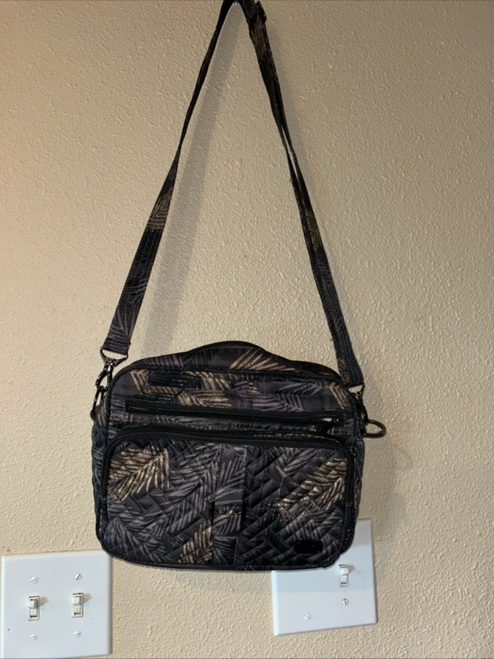 lug Quilted Crossbody Bag in Black and Taupe Leaf Print